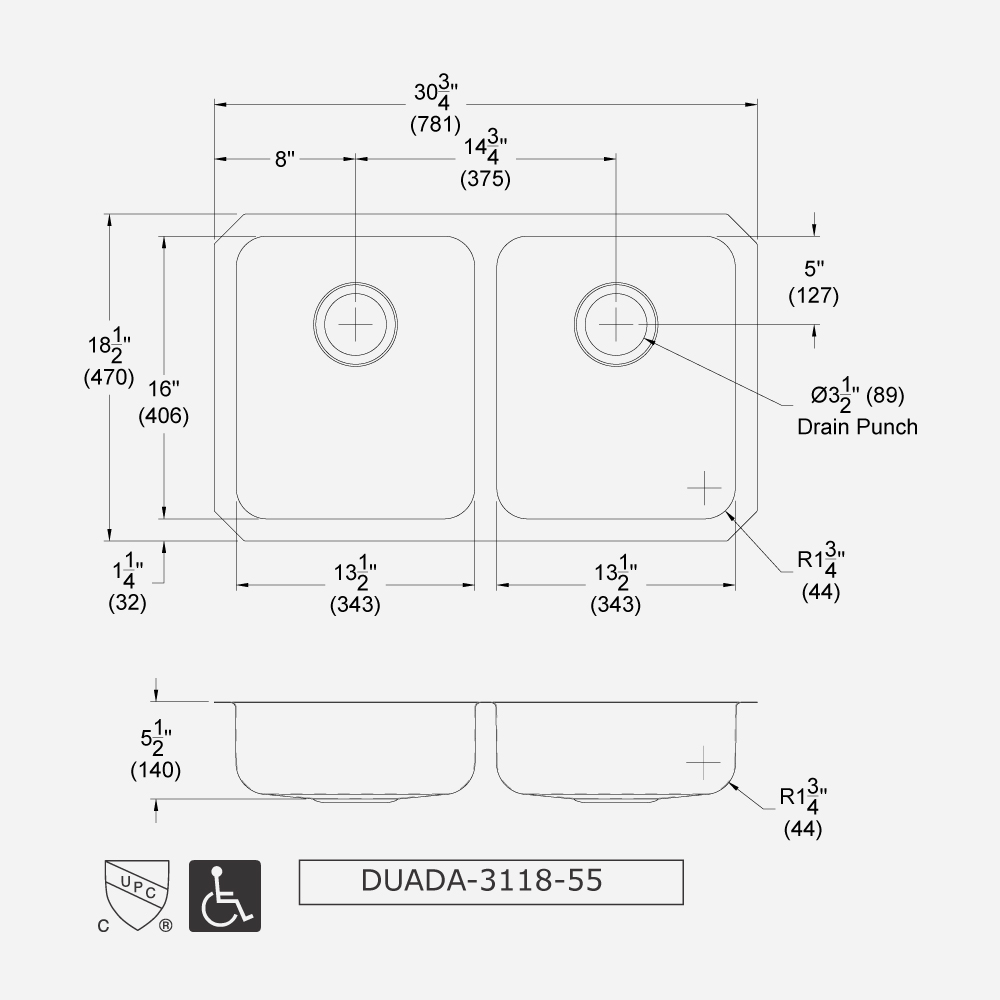 Acorn-Sinks® Stainless Steel ADA Undermount Sink, Double Bowl 31